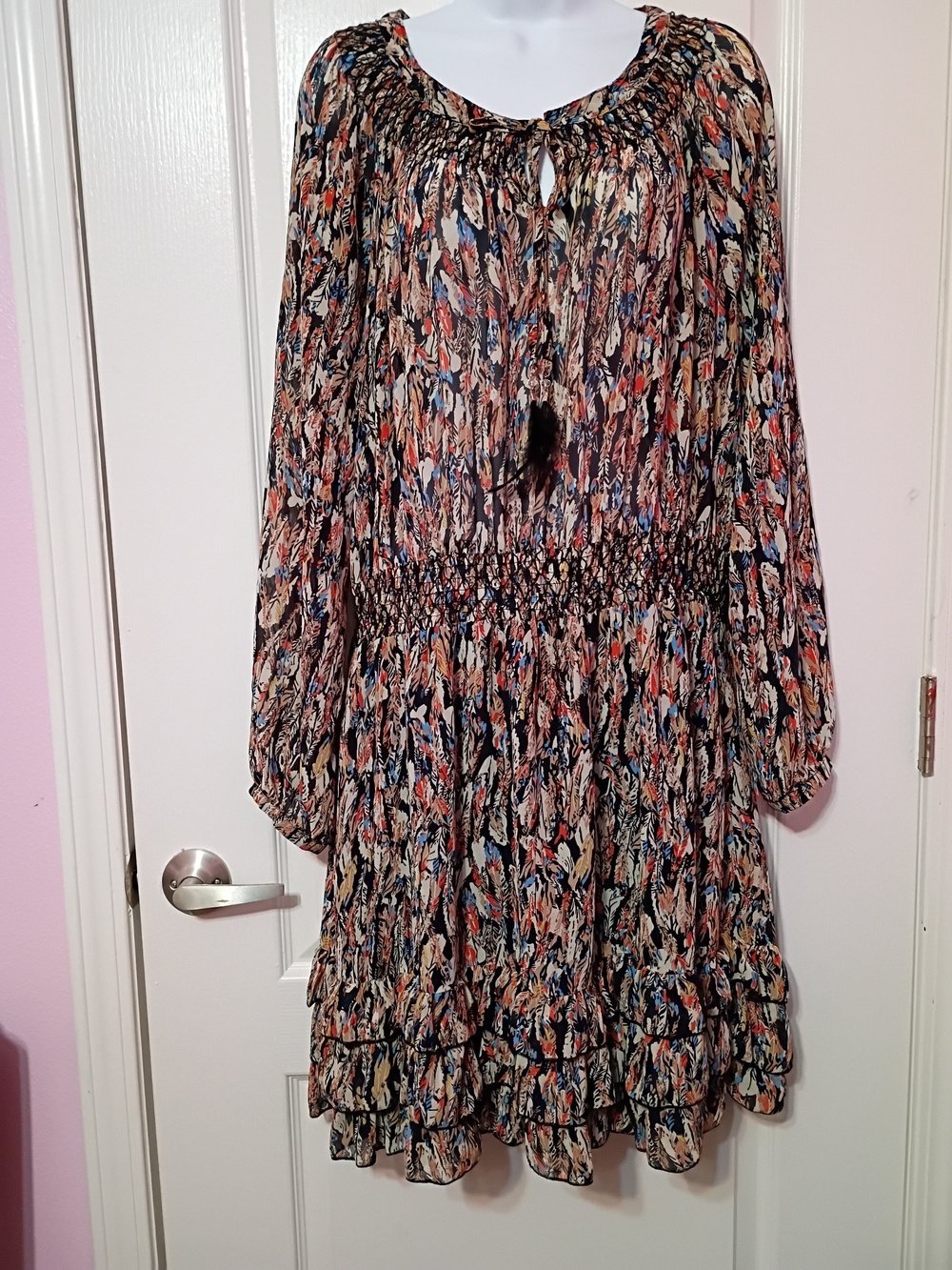 Scully Multicolor Leaf-Print Long Sleeve Smocked Dress XL